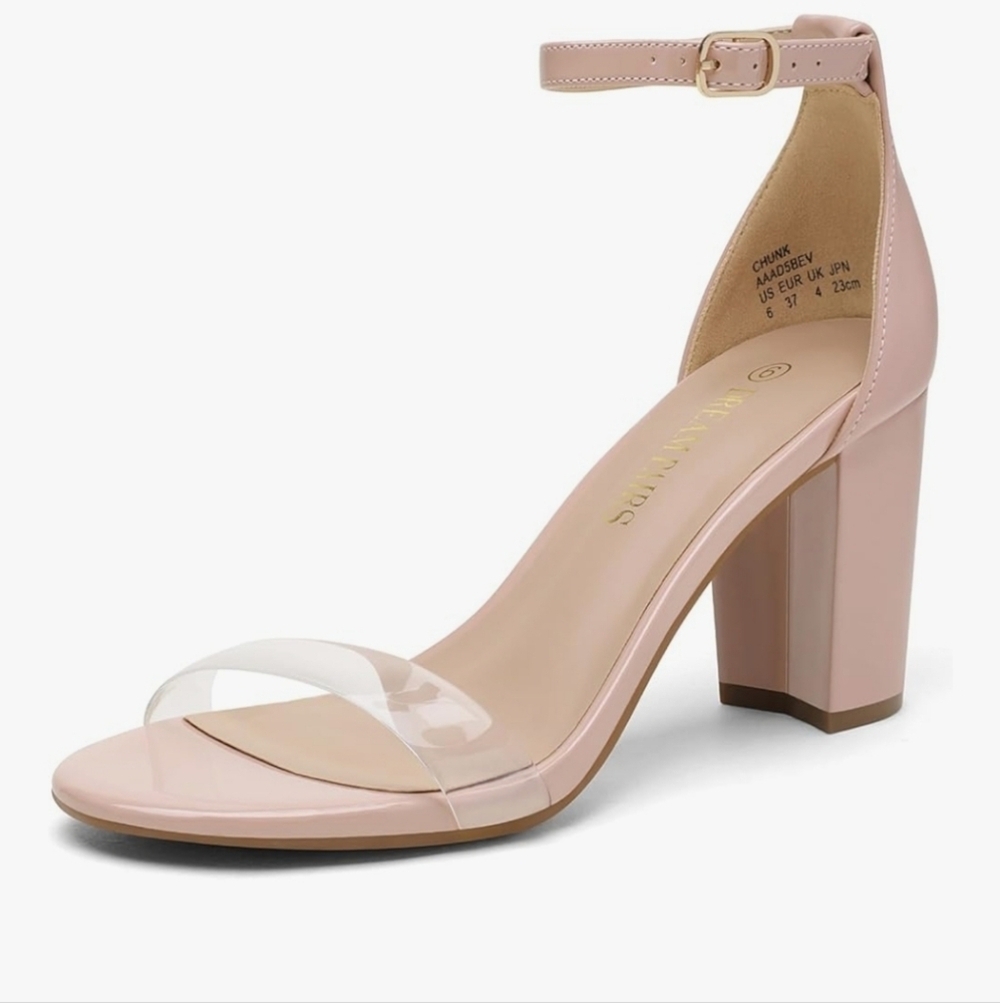 Pink Ankle Strap Block Heels With Clear Toe Strap Size 10